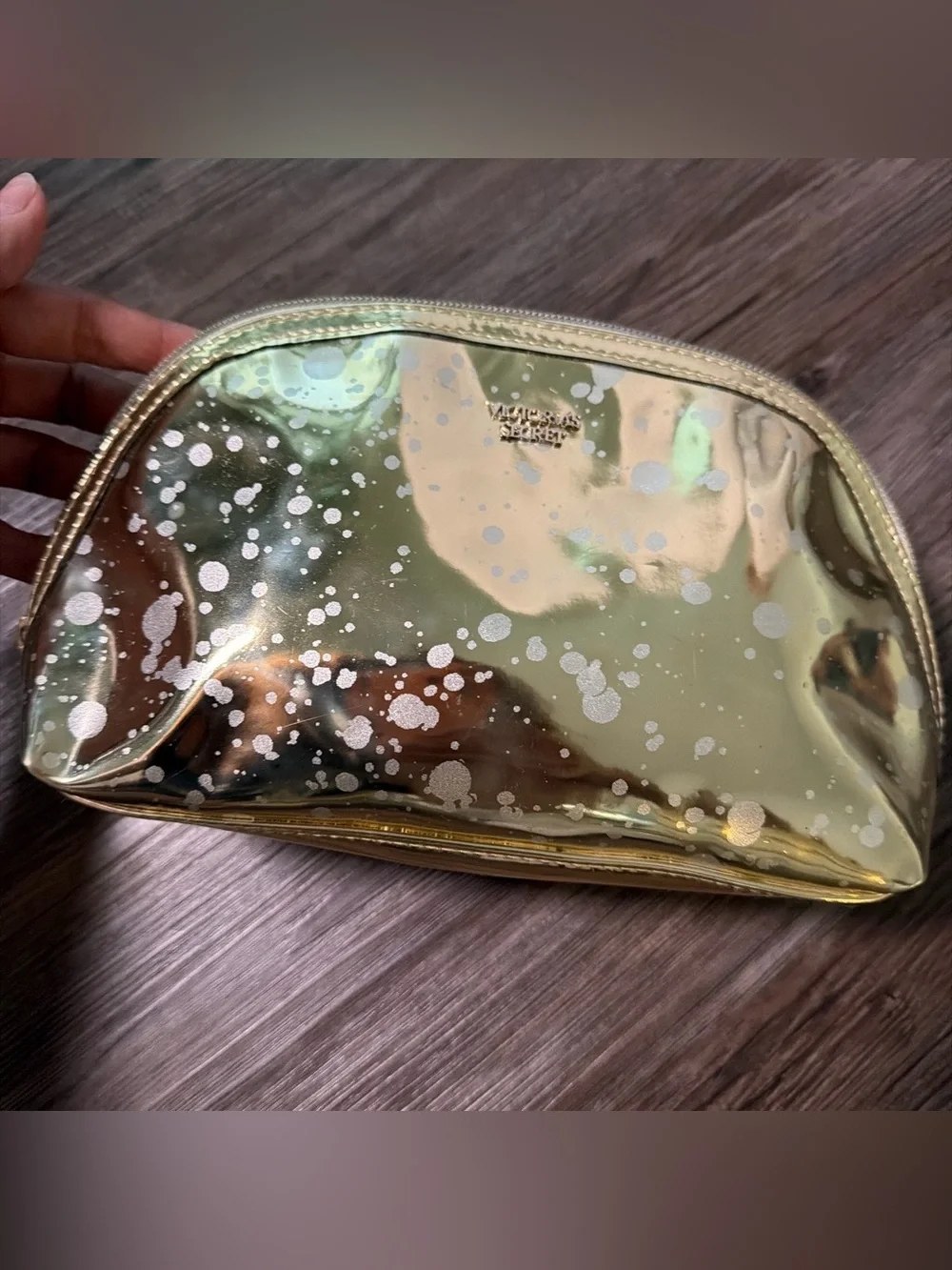 Victoria's Secret Metallic Gold Cosmetic Pouch with Silver Splatter